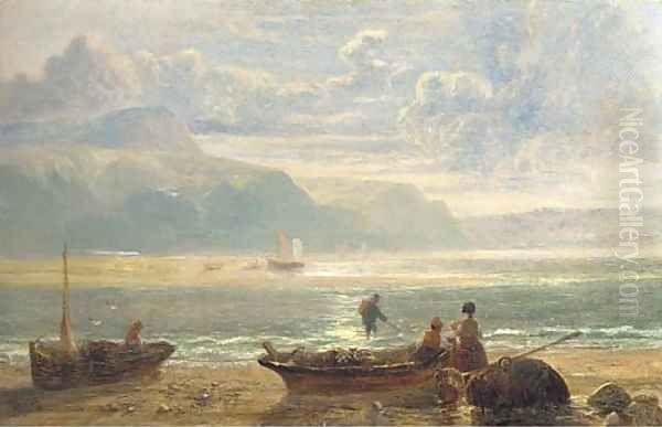 Fisherfolk on a beach Oil Painting by John Wright Oakes