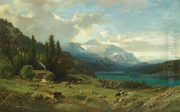 Cattle, Shepherdess And Cabin In An Alpine Landscape Oil Painting by William Keith