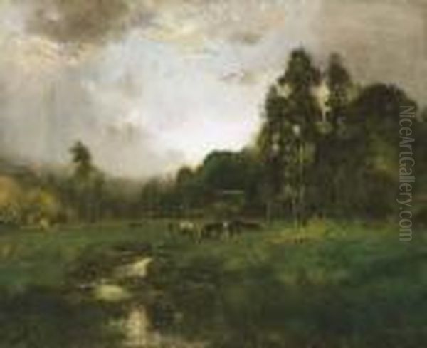 Cows Grazing In A Meadow Oil Painting by William Keith