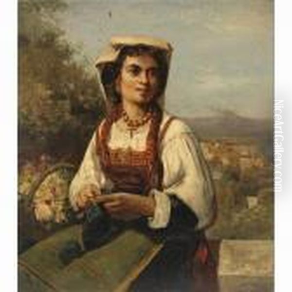 An Italian Woman Knitting With A Smoking Volcano In The Distance Oil Painting by William Keith