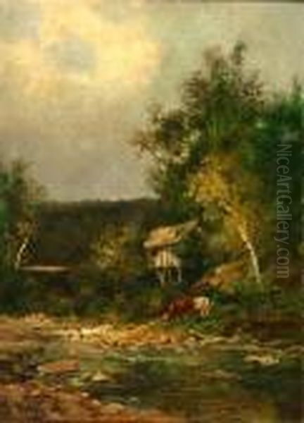 River Landscape With Covered Bridge Oil Painting by William Keith