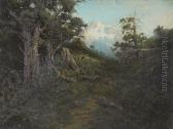 A Wooded Landscape With Snow-covered Mountains In The Distance Oil Painting by William Keith