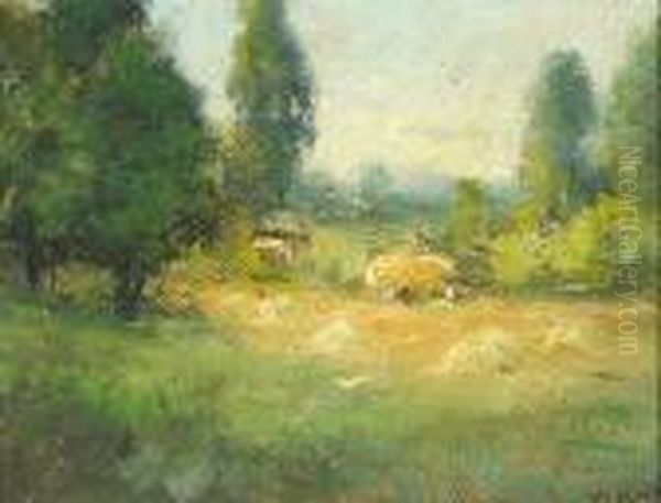 A Haystack And Wagon In A Field Oil Painting by William Keith