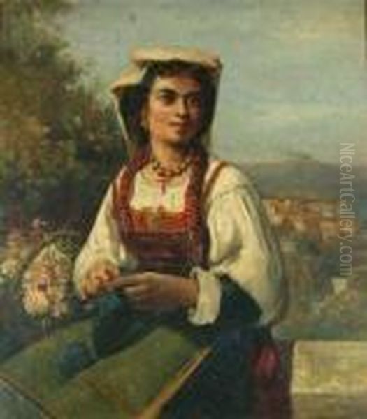 Italian Peasant Woman Knitting Oil Painting by William Keith