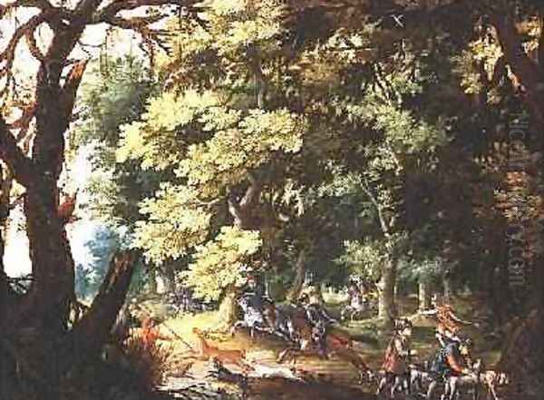 A Wooded Landscape with Hunters and Hounds Oil Painting by Isaak van Oosten