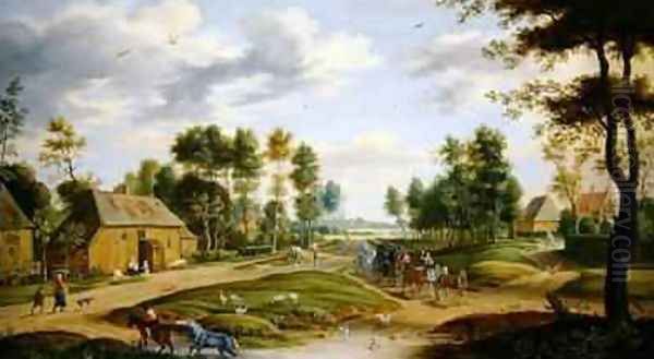 Landscape with a wagon and travellers passing through a village Oil Painting by Isaak van Oosten