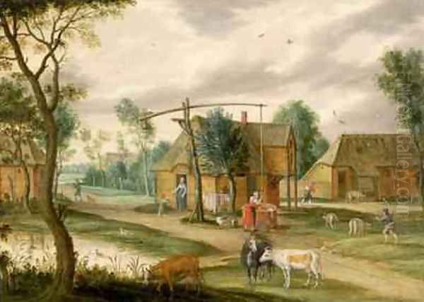 A village landscape with a woman drawing water from a well Oil Painting by Isaak van Oosten