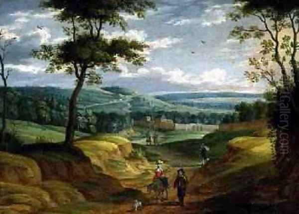 Extensive Landscape with Travellers on a Path Oil Painting by Isaak van Oosten