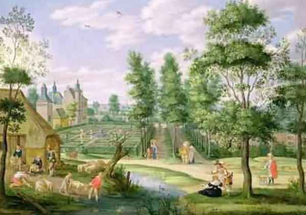 Figures in the Grounds of a Country House Oil Painting by Isaak van Oosten