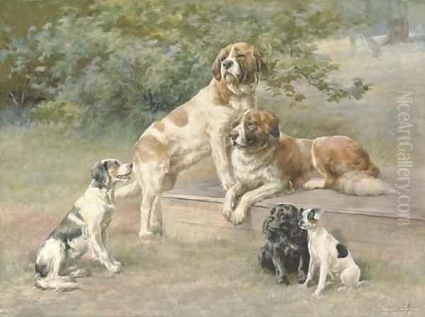 Two St. Bernards, a black Cocker Spaniel, an English Setter and a black and white Terrier Oil Painting by Edmund Henry Osthaus