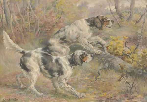 Two Setters in a Wood Oil Painting by Edmund Henry Osthaus