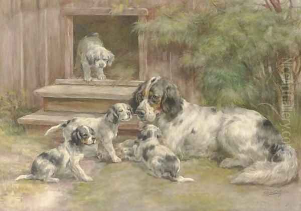 A Setter and her puppies outside a kennel Oil Painting by Edmund Henry Osthaus