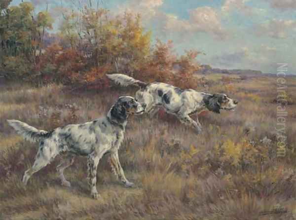 Two setters on a point in an extended landscape Oil Painting by Edmund Henry Osthaus