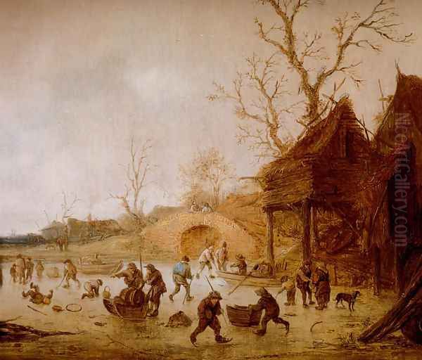 A Winter Landscape With Skaters, Children Playing Kolf And Figures With Sledges On The Ice Near A Bridge Oil Painting by Isaack Jansz. van Ostade