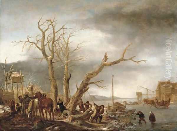 A frozen river landscape with woodsmen felling a tree Oil Painting by Isaack Jansz. van Ostade