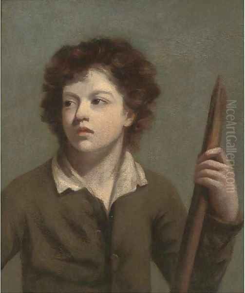 Portrait of a boy, bust-length, in a brown coat, holding a staff Oil Painting by John Opie