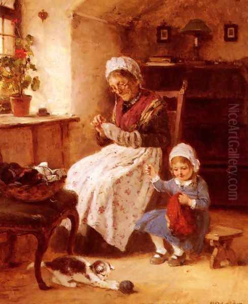 The Sewing Lesson Oil Painting by Hugo Oehmichen