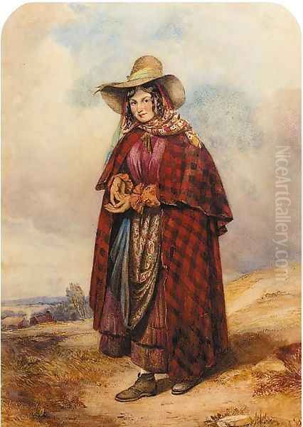 A young gypsy girl standing in a field Oil Painting by Octavius Oakley