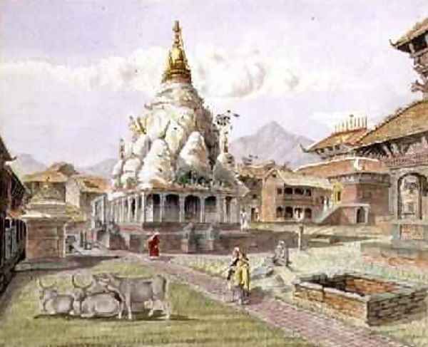 Rato Machhendranath Temple at Bungamati Newari Tribe Village Nepal July 1857 Oil Painting by Dr. H.A. Oldfield