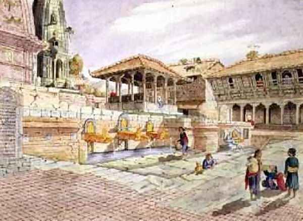 Nepalese People at the Fountains in Patan Murdi Nepal 1853 Oil Painting by Dr. H.A. Oldfield