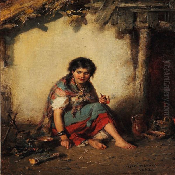 Young Gypsy Playing The Flute And Young Gypsy Girl Smoking A Pipe Oil Painting by Hermann Kern