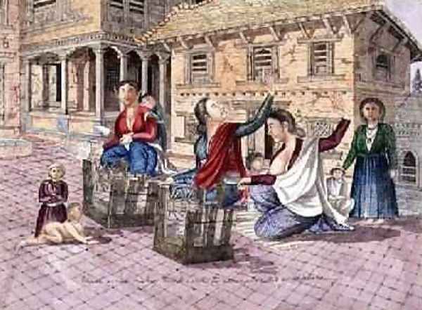 Newar women making thread with the instrument called a chirkaha Nepal 1854 Oil Painting by Dr. H.A. Oldfield