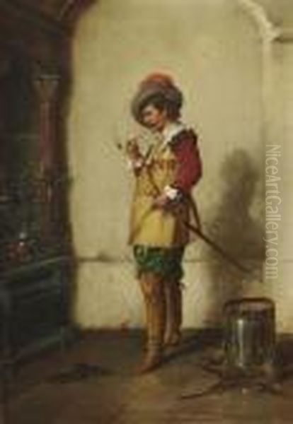 Pfeiferauchender Trommler Am Kamin. Oil Painting by Hermann Kern