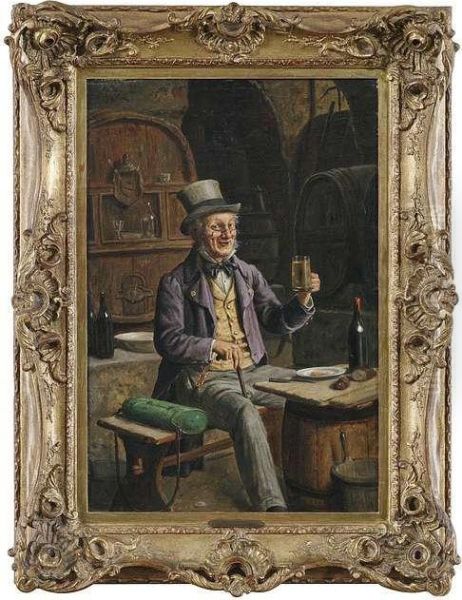 Beer Drinker In A Cellar. Oil Painting by Hermann Kern