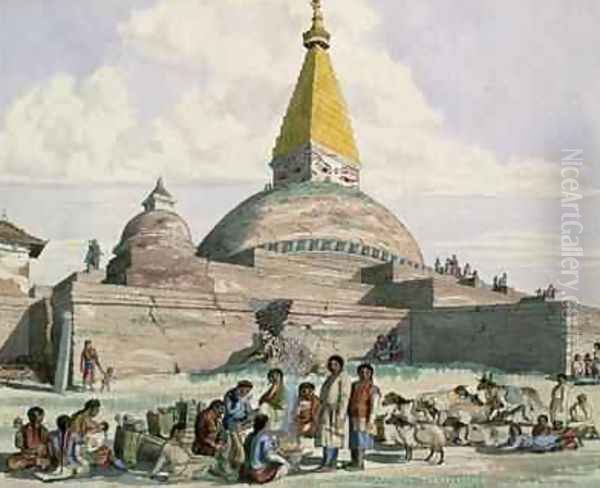 Tibetans and their Sheep at the Stupa at Bodnath near Kathmandu 1852-60 Oil Painting by Dr. H.A. Oldfield