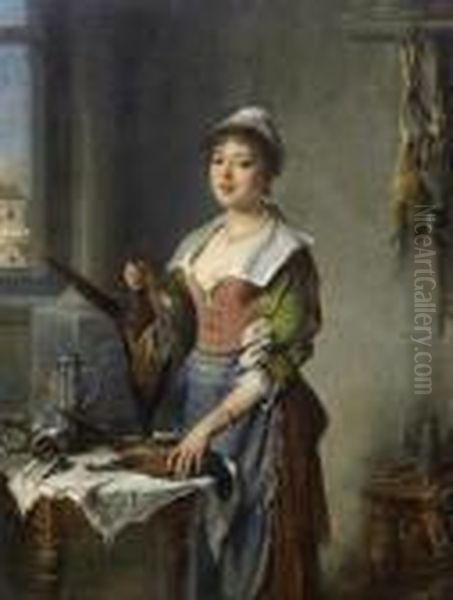 Girl In A Kitchen Oil Painting by Hermann Kern