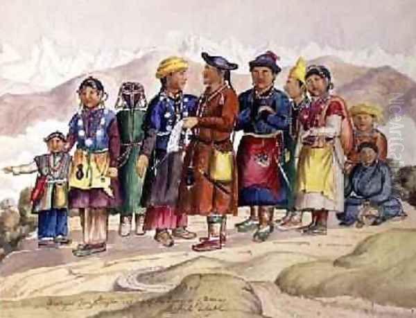 Bhotias Tibetans from Lhasa the capital of the Province of Utsang Central Tibet 1852-60 2 Oil Painting by Dr. H.A. Oldfield