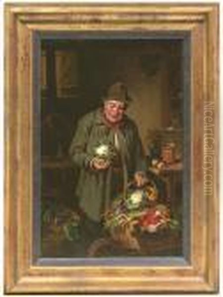 Kitchen Interior With A Greengrocer. Oil/panel, Signed Oil Painting by Hermann Kern