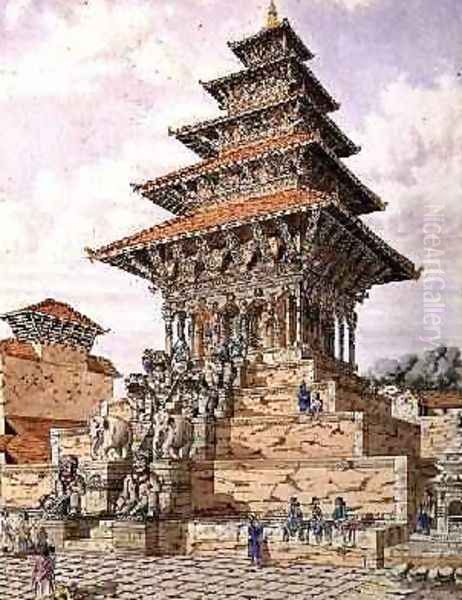 The Temple of Devee Bhagwari Bhatgaan Braktapur built 1703 1852-60 Oil Painting by Dr. H.A. Oldfield