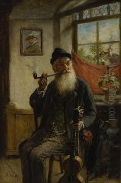 Alter Bauer Mit Pfeife Und
 Gitarre. Oil Painting by Hermann Kern