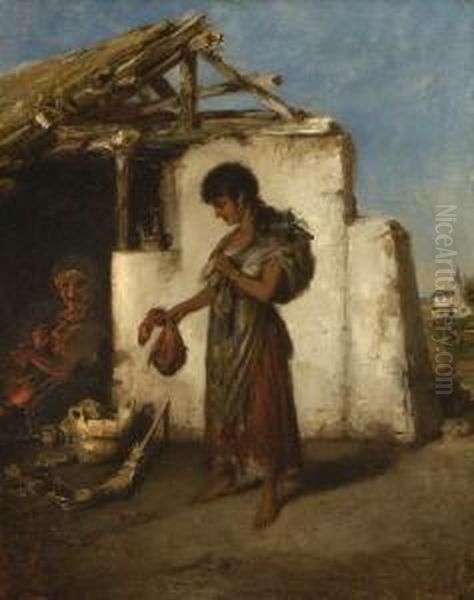 Junge Zigeunerin Vor Einem
 Verfallenden Bauernhaus. Oil Painting by Hermann Kern