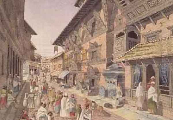 Nepalese Bhadgoari People in a Street beside a Shrine in Nepal Bhaduon 1853 Oil Painting by Dr. H.A. Oldfield