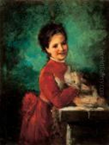 Gril In Red Velvet Dress Oil Painting by Hermann Kern