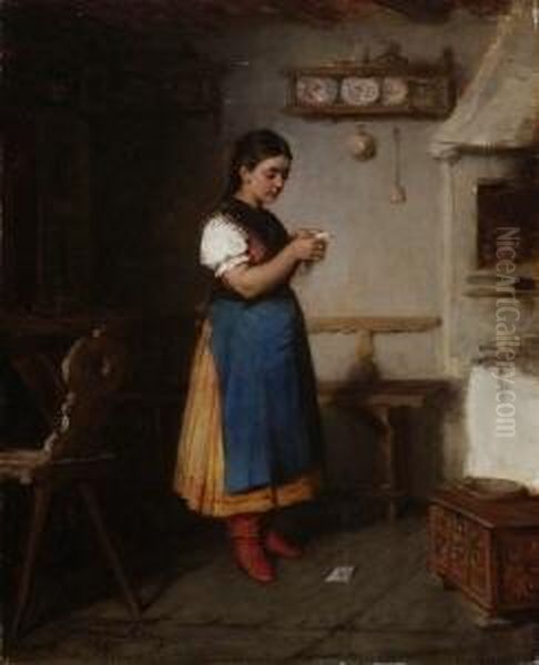 Ungarisches Bauernmadchen In Der
 Stube Oil Painting by Hermann Kern