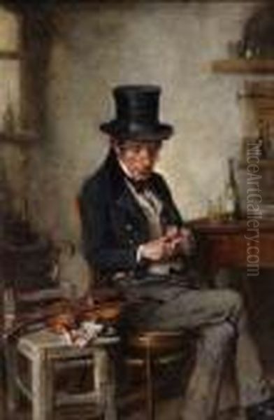 Der Dorfgeiger Bei Der
 Brotzeit. Oil Painting by Hermann Kern