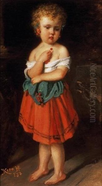 Girl, Picking Cherries Oil Painting by Hermann Kern