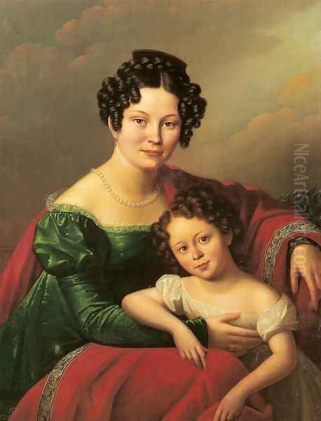 Portrait of a Young Woman and her Daughter Oil Painting by Jozef (Joseph) Oleszkiewicz