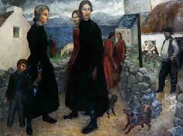 The Atlantic Inn A Group of Figures Standing beside Cottages on the Irish Coast 1932 Oil Painting by Mavis O'Keeffe