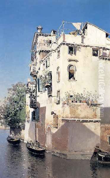 A Venetian Canal Scene Oil Painting by Martin Rico y Ortega