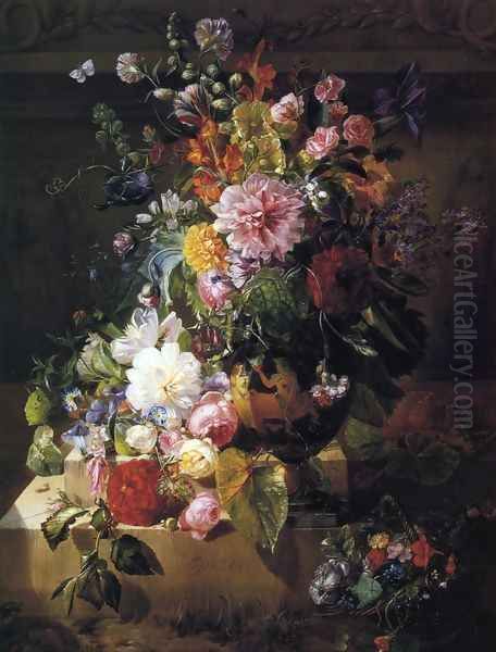 Still Life with Roses, Peonies, Lilac, Morning Glories and other Flowers in a Greek Vase on a Stone Plinth Oil Painting by Georgius van Os