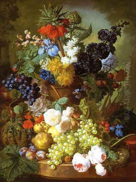 Still Life of Flowers, Fruit and Bird's Nest on a Marble Ledge Oil Painting by Georgius van Os