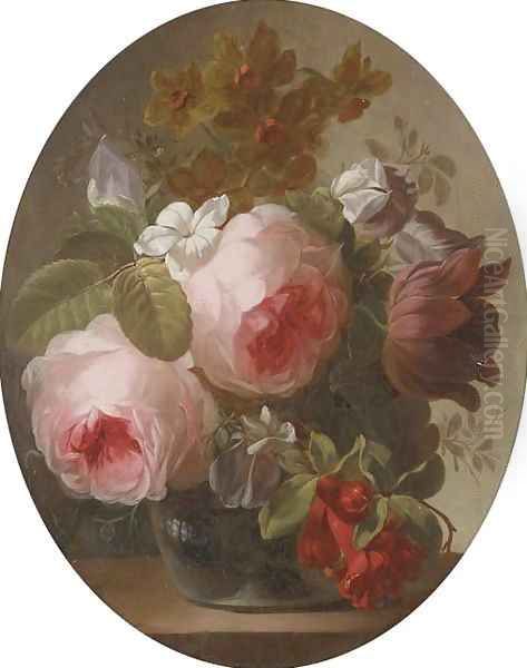 Roses, jasmine, a tulip and other flowers in a glass vase on a ledge Oil Painting by Georgius van Os