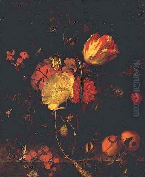 Flowers and Fruit 1670s Oil Painting by Maria van Oosterwijk