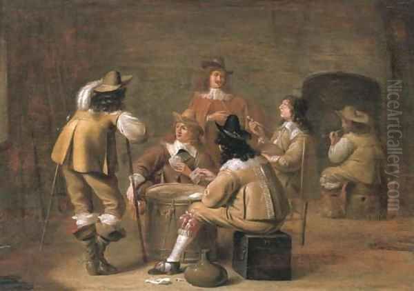 Militiamen smoking and playing cards in an interior Oil Painting by Jan Olis