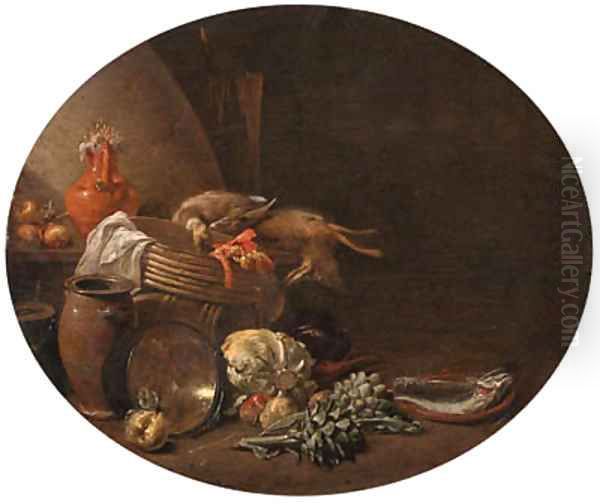 A kitchen interior with a hare and a mallard on a table by a basket with fish on a terracotta plate, apples, artichokes and other vegetables Oil Painting by Jan Olis