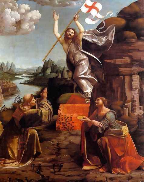 Resurrection of Christ with Sts Leonardo and Lucy 1491-94 Oil Painting by Marco d' Oggiono